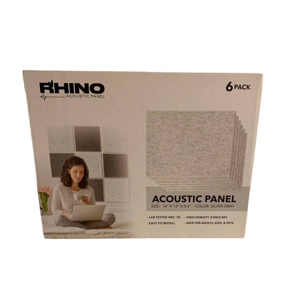 Rhino Acoustic Absorption Panel 16” x 12” x 0.4”, 6 Pcs Sound Proof Silver Gray
